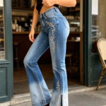 Vintage Floral Embroidered Gradient Flare Jeans | High-Waisted Split-Hem Bell Bottoms