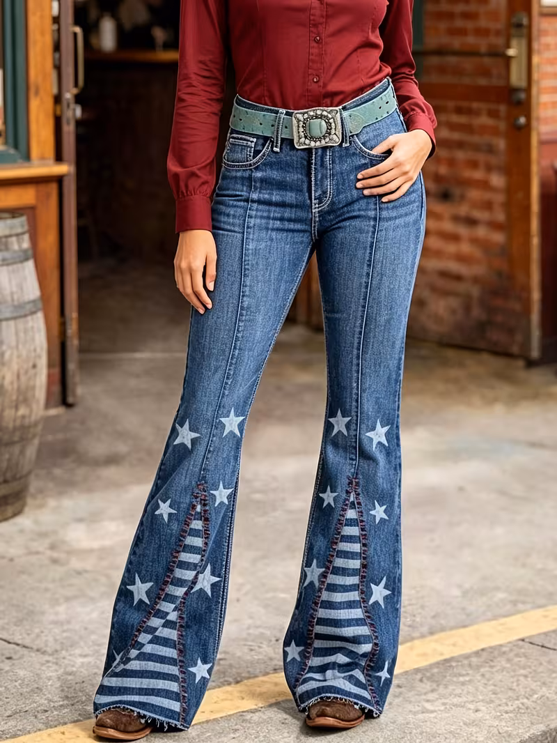 Retro Western Patchwork Flared Jeans | High-Waisted Bell Bottoms with Back Slit